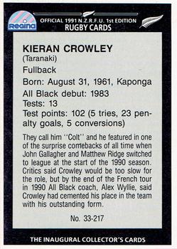 1991 Regina NZRFU 1st Edition #33 Kieran Crowley Back